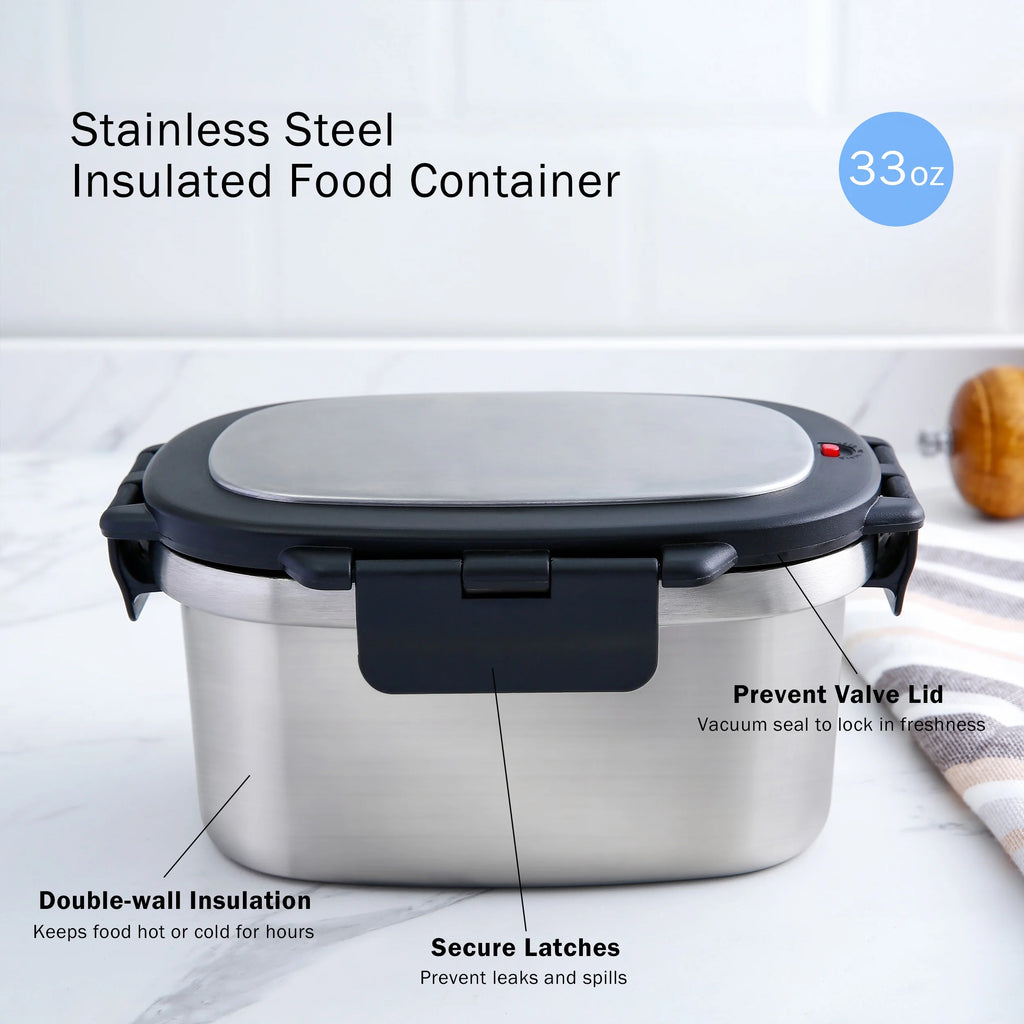 Food Container, Reusable Insulated Stainless Steel, Rectangular, 33 Oz, Ideal Use for Workday Meals and Travel to Keep Meals Hot or Cold