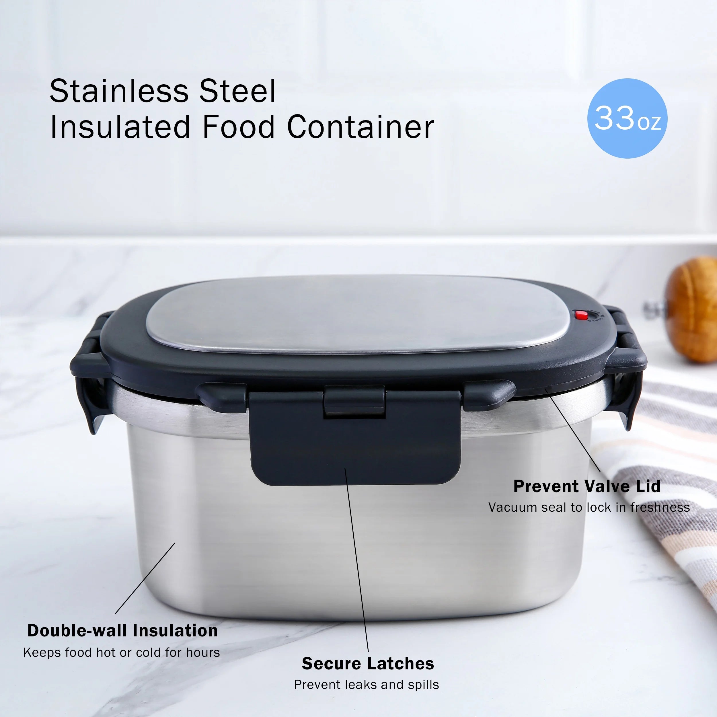 Food Container, Reusable Insulated Stainless Steel, Rectangular, 33 Oz, Ideal Use for Workday Meals and Travel to Keep Meals Hot or Cold
