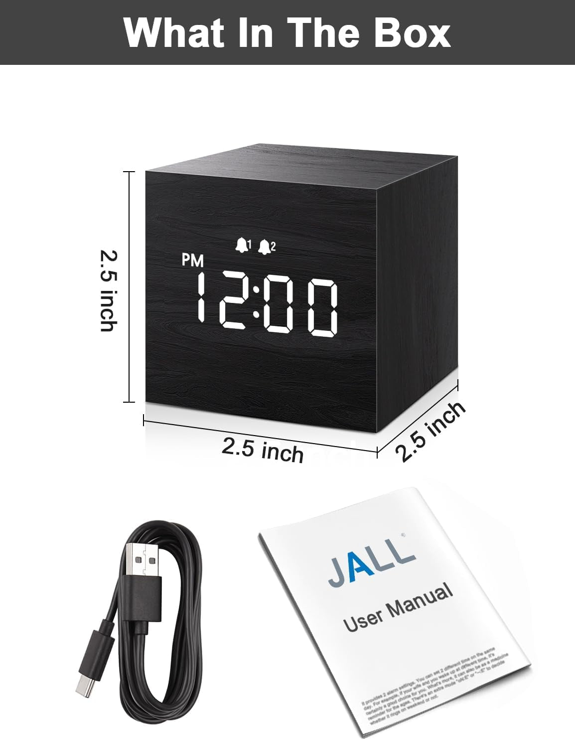 Digital Alarm Clock, with Wooden Electronic LED Time Display, 3 Dual plus Alarm, 2.5-Inch Cubic Small Mini Wood Made Electric Clocks for Bedroom, Bedside, Desk, Black